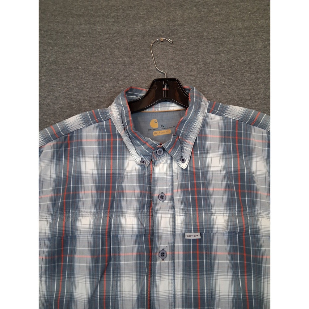 Carhartt Mens Shirt XL Blue Gray Plaid Button Up Vented Work Force Utility Nylon